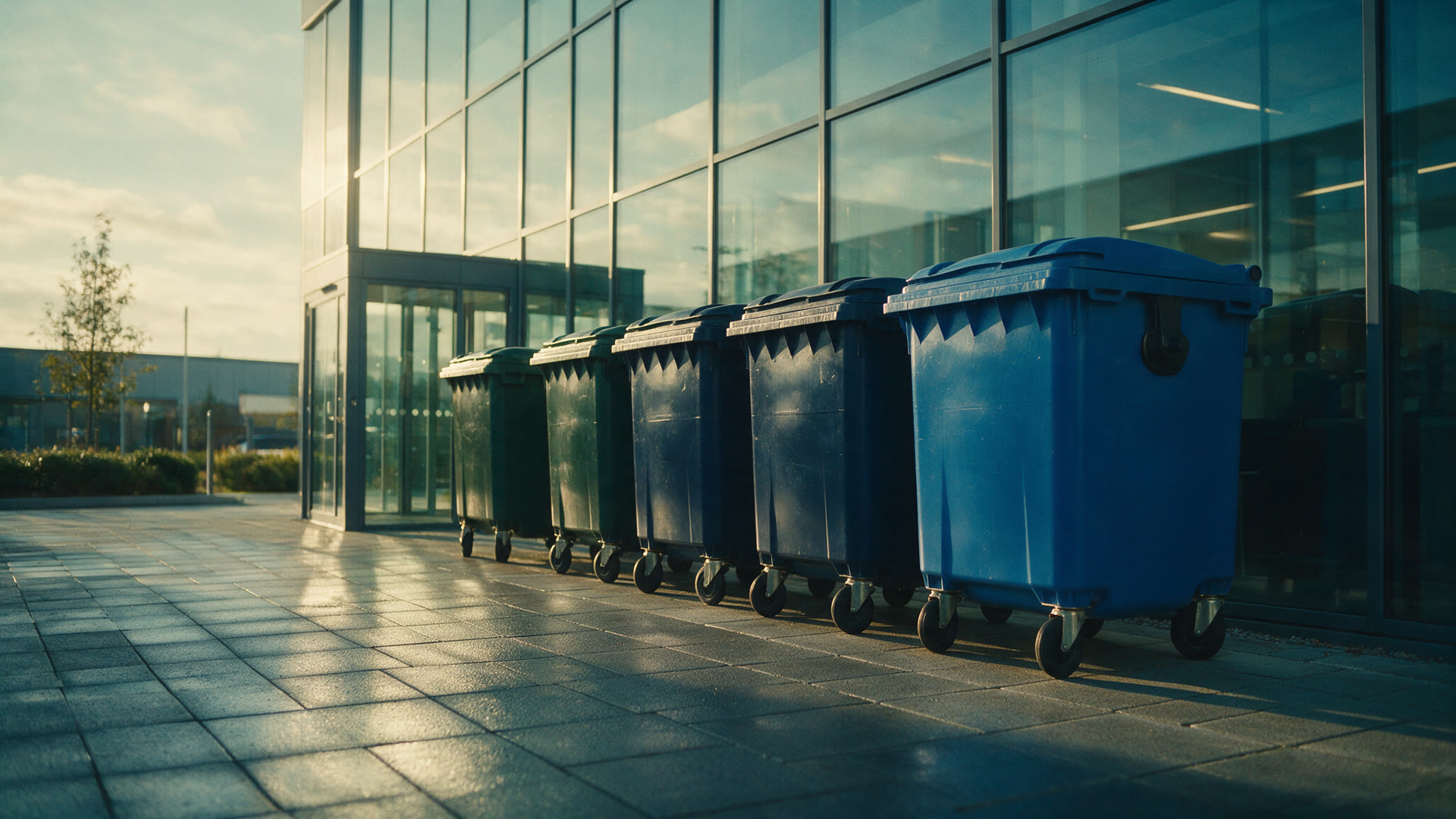 A row of commercial bins outside a modern glass-fronted building