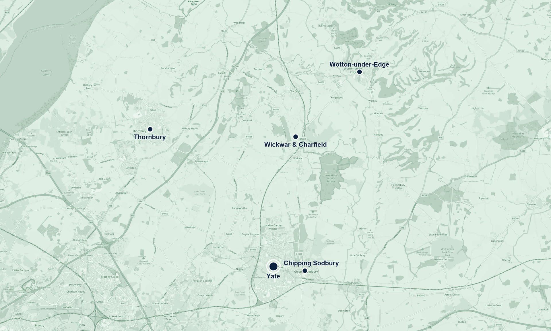 Map of the TopBinz residential coverage area showing Yate, Chipping Sodbury, Thornbury, Wickwar, Charfield and Wotton-under-Edge