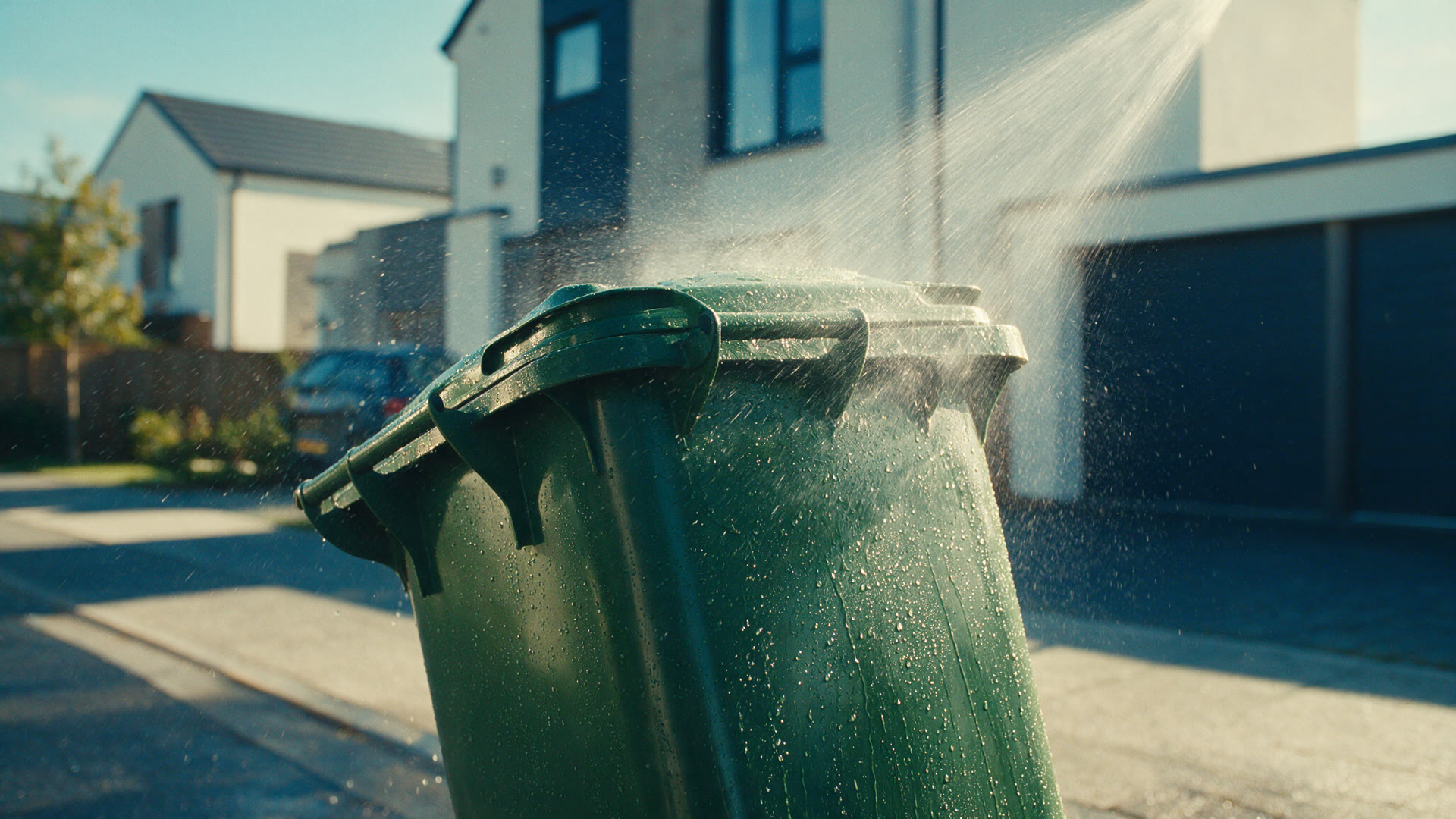 A bin being rinsed with a fine mist of water