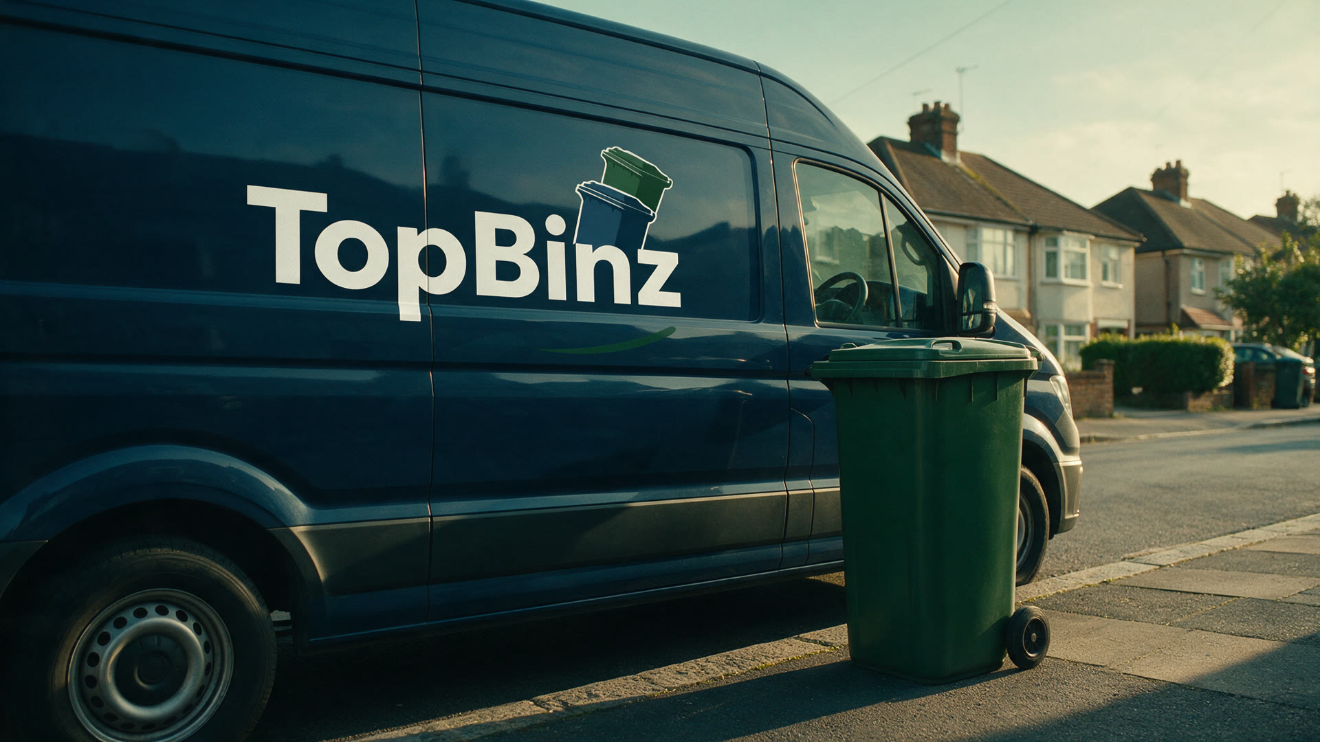 A TopBinz van parked on a residential street beside a clean wheelie bin